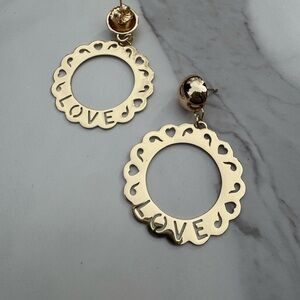 JANE WIN Love Cutout 14k GP Gold Disk Hoop Pierced Earrings